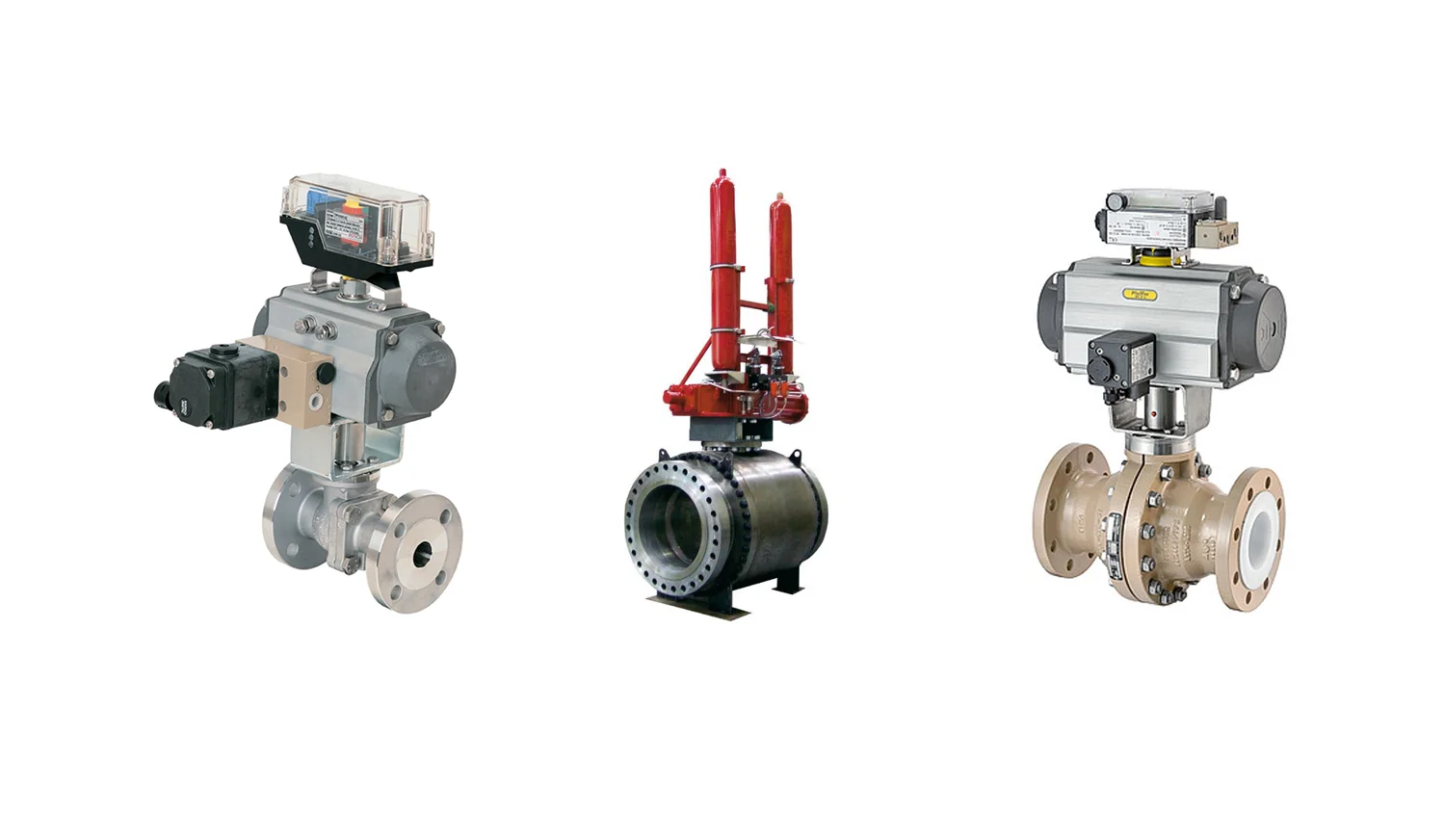 Imagem de 3 modelos de válvula esfera de 3 vias, feitas em metal com detalhes em vermelho e bege.