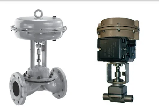 Imagem com mais de uma válvula diafragma. Duas opções de válvulas diafragma tipo 3345 com atuador pneumático.