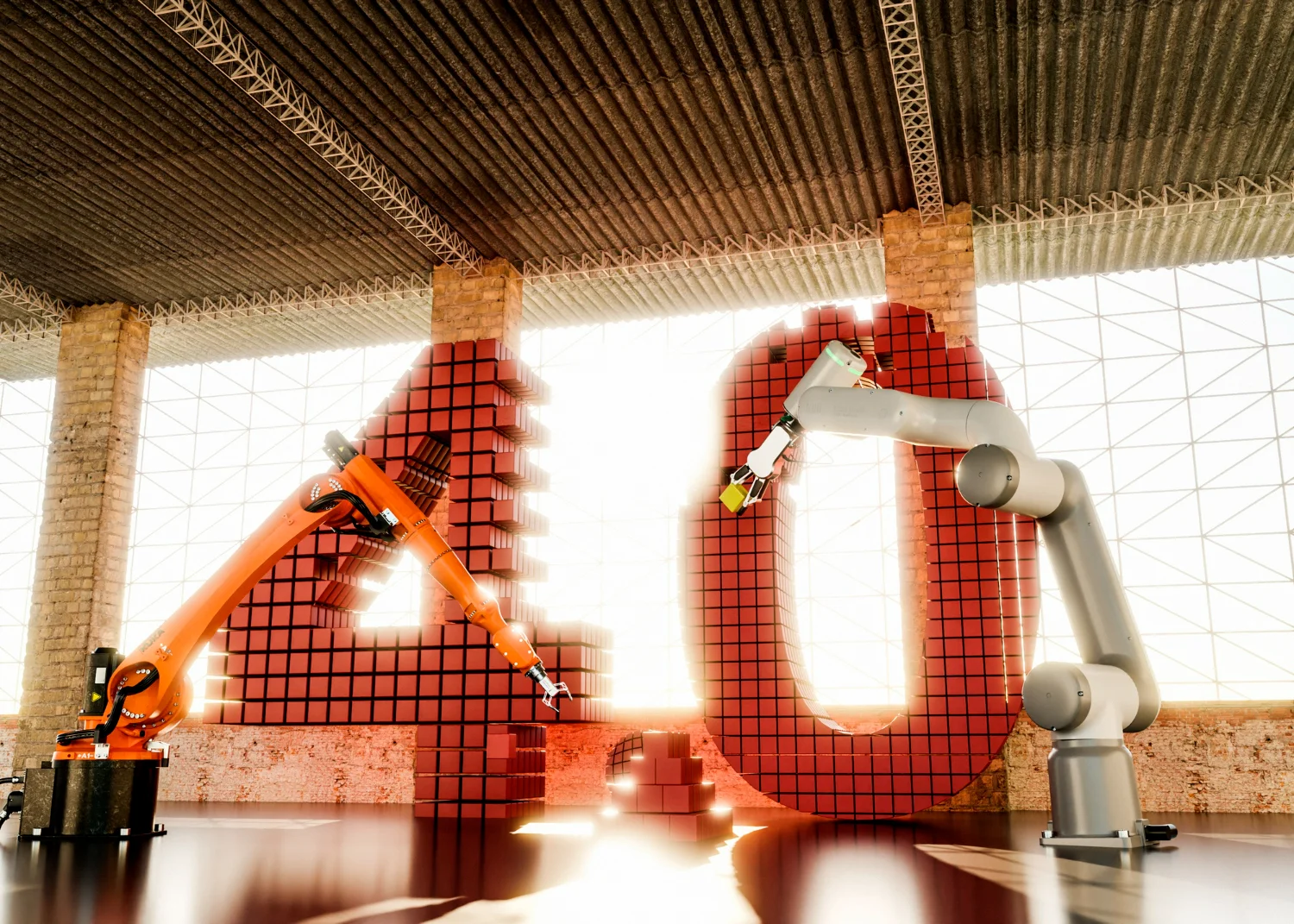 Imagem apresenta dois braços robóticos em um cenário industrial ao lado de uma projeção dos números 4 e 0 na cor laranja, simbolizando os avanços da manutenção preditiva na Indústria 4.0.