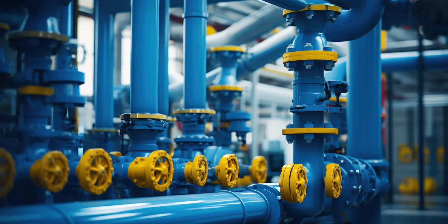 Conjunto de tubulações industriais interligadas, representando a utilização de uma válvula limitadora de vazão para regular o fluxo de líquidos em um sistema hidráulico complexo. A cena reforça a importância da regulação da passagem de fluidos para garantir a eficiência e segurança operacional.