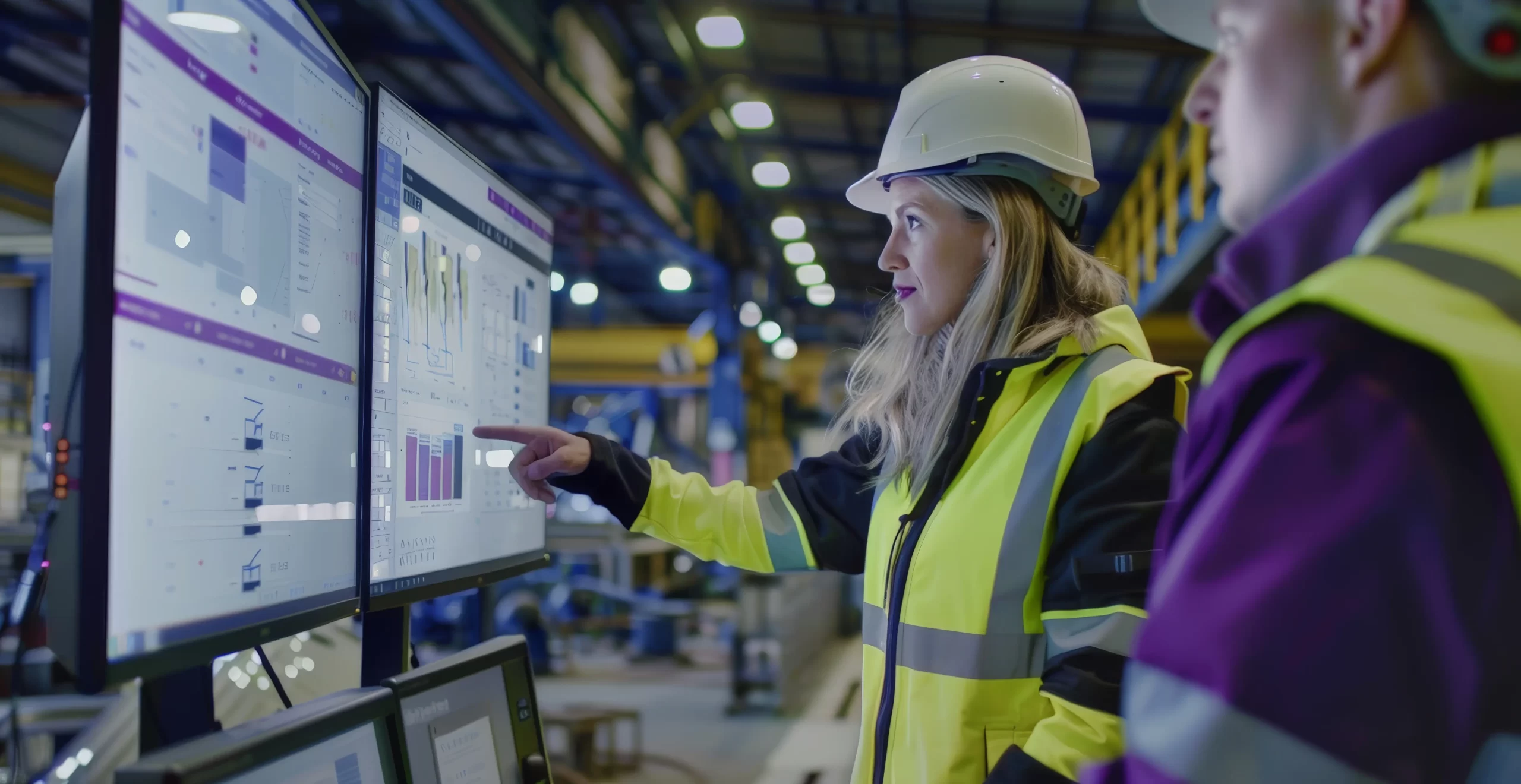 Imagem mostra dois engenheiros monitorando dados do planejamento de paradas em uma planta industrial.