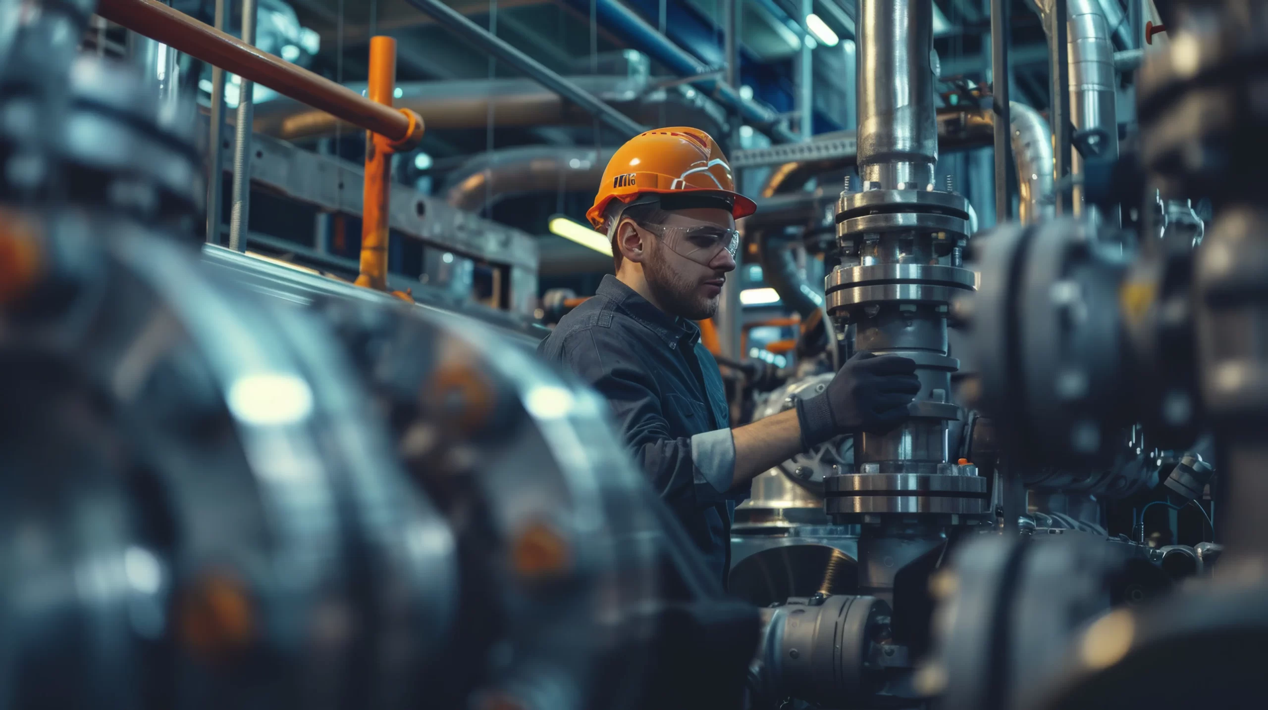 Engenheiro manuseando sistemas internos de uma operação, simbolizando a aplicação de uma válvula de bloqueio pneumática.
