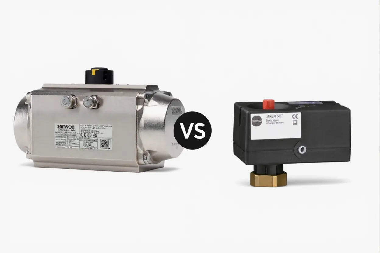 Imagem mostra modelos de atuadores elétricos e pneumáticos da Samson.