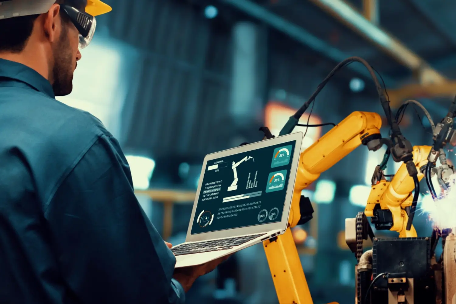 Operador de máquinas gerencia dados e ação de robô, ilustrando o uso de inteligência artificial na indústria.