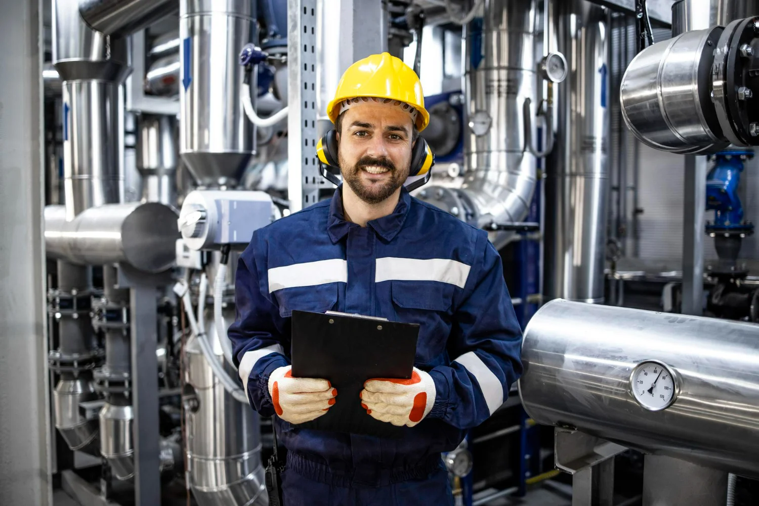 Técnico segurando uma prancheta inspeciona a certificação de válvulas em uma planta industrial.