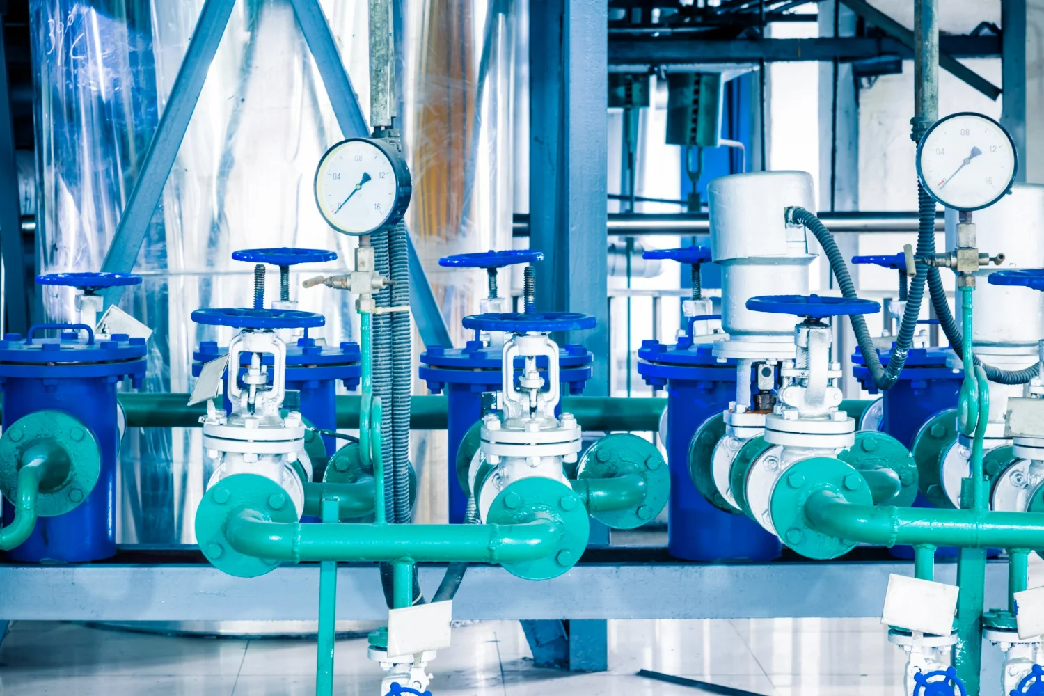 Imagem de um sistema industrial com tubulações de aço, nas cores, azul, verde e branco, destacando o uso de válvulas proporcionais em sistemas hidráulicos e pneumáticos.