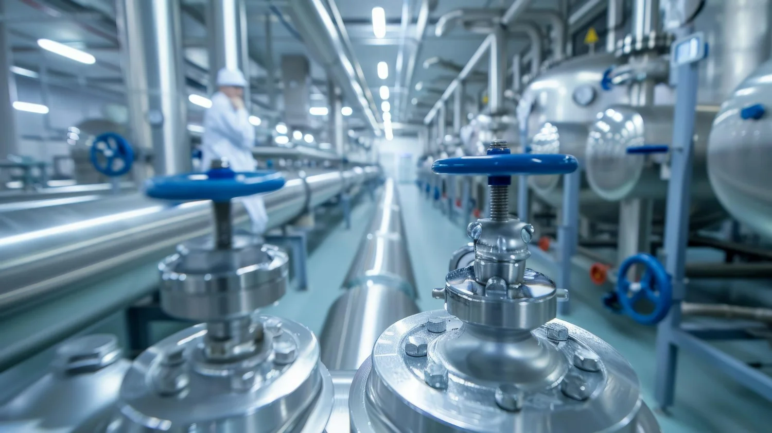Imagem ilustrativa do uso de válvulas de controle na indústria farmacêutica, com tubos de aço em toda a planta.