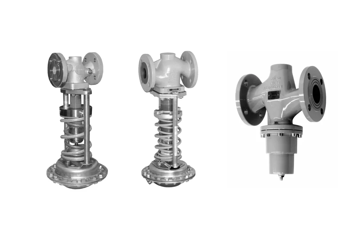 Imagem mostra quatro modelos diferentes de válvulas redutoras auto-operadoras da Samson.