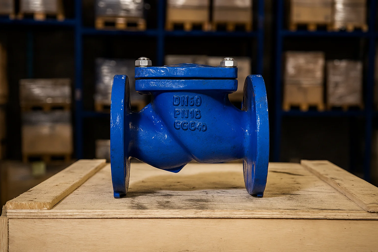 Válvula de retenção industrial do tipo portinhola azul em um ambiente industrial