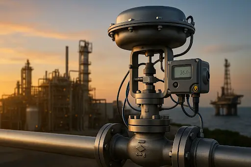 Posicionadores em indústrias de óleo e gás em válvula de controle com atuador pneumático visível