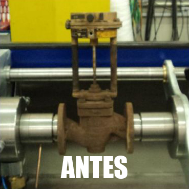 Imagem de uma válvula enferrujada em um equipamento e escrito “antes” sobre a imagem, ilustrando o serviço Samson pós-venda.