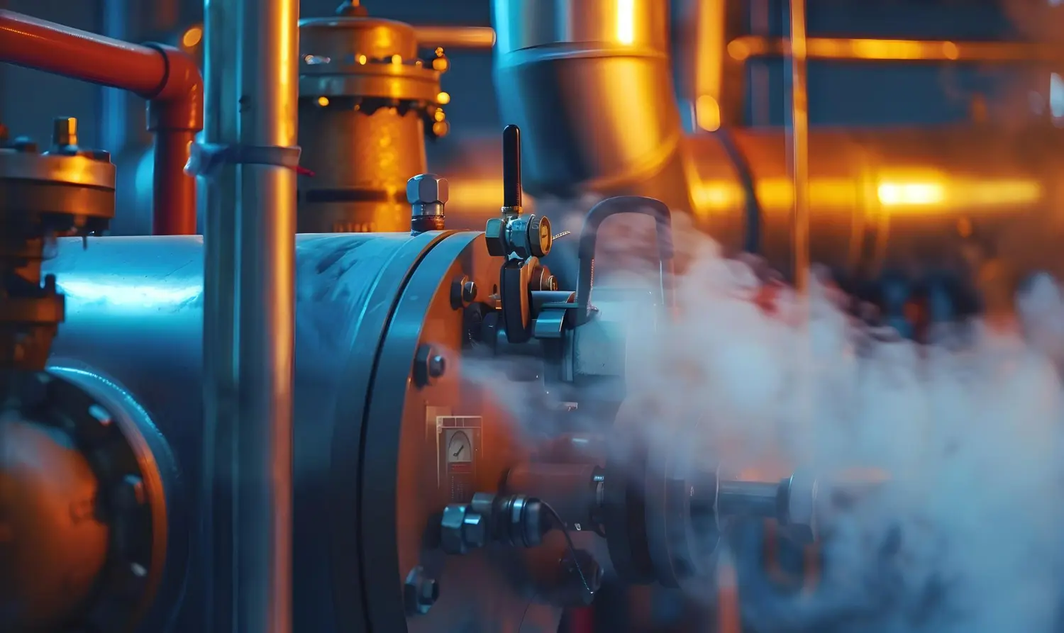 Imagem de tubulação industrial em condições severas, simbolizando o uso de válvula de controle para vapor.