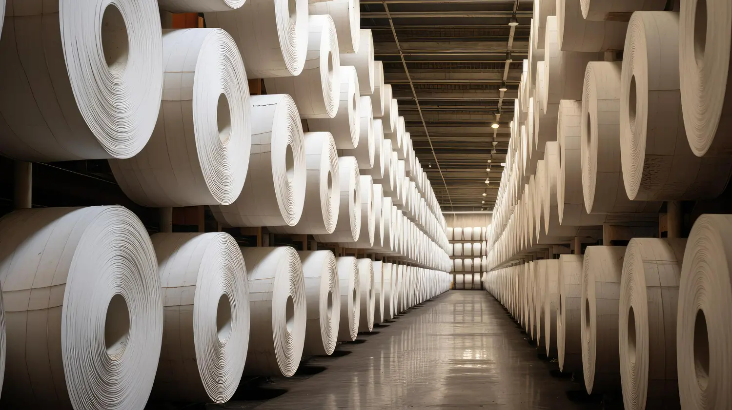 Imagem do estoque de rolos de papel em uma indústria, simbolizando o mercado de papel e celulose no Brasil.