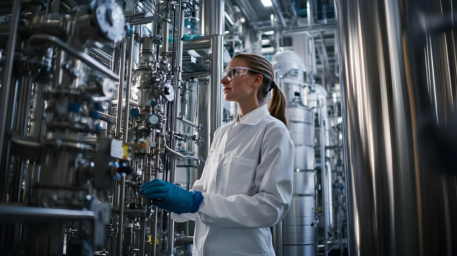 Imagem interna da planta de uma indústria química, uma das principais aplicações de válvulas de diafragma.