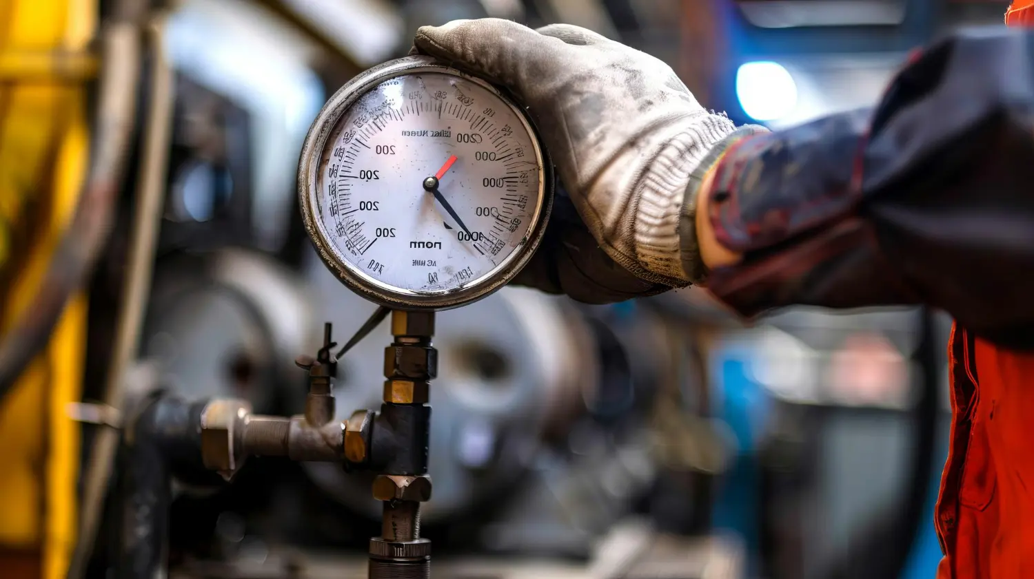 Imagem de um engenheiro técnico monitorando as medidas corretas do controle de pressão industrial.