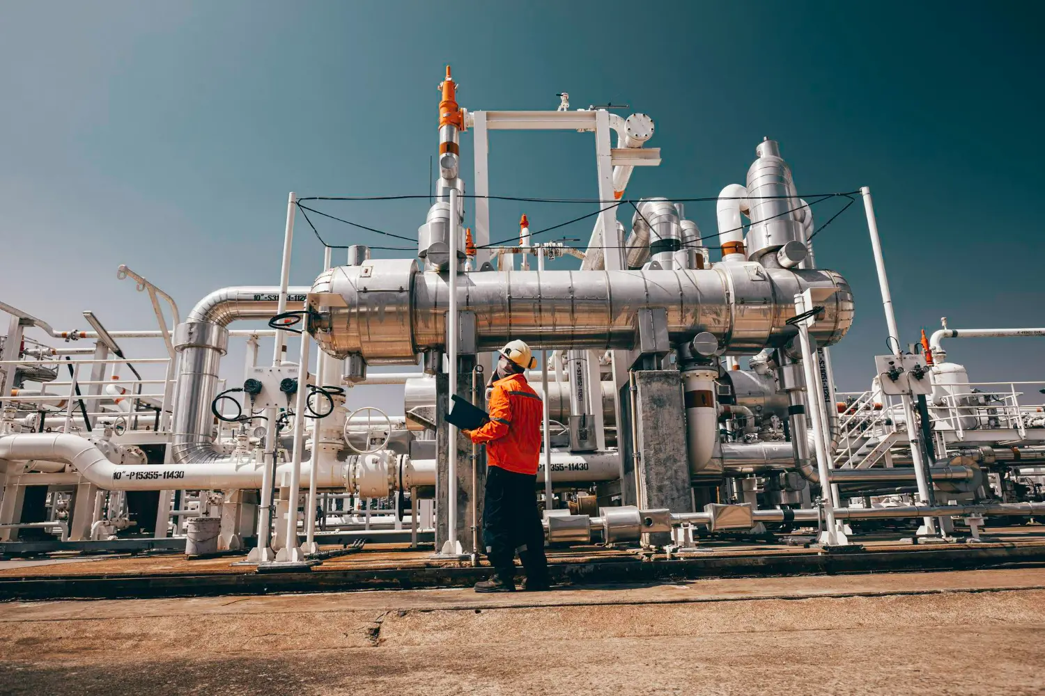 Imagem de um operador em frente a tubulações de refinaria analisando válvulas para indústria de gás e petróleo.