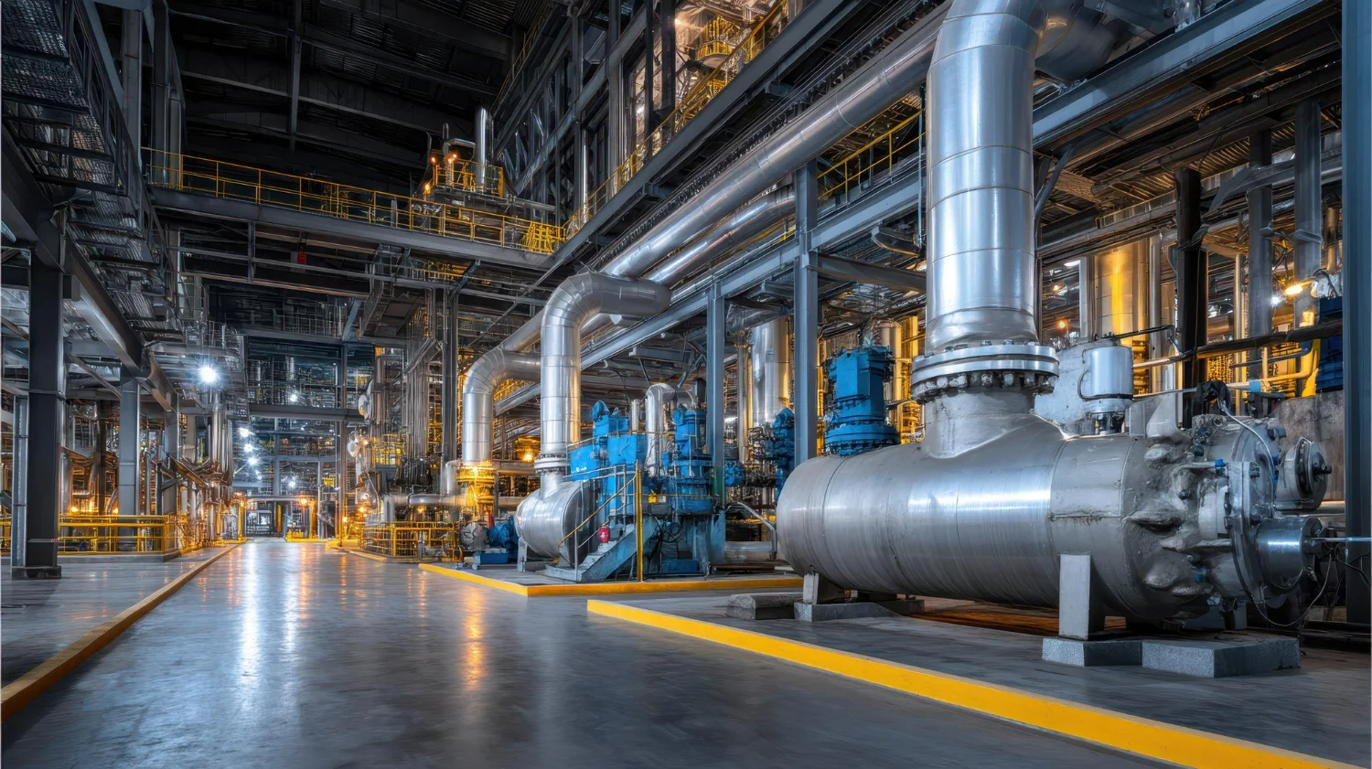 Imagem de uma planta química moderna em operação, simbolizando a importância do controle de vazão industrial.