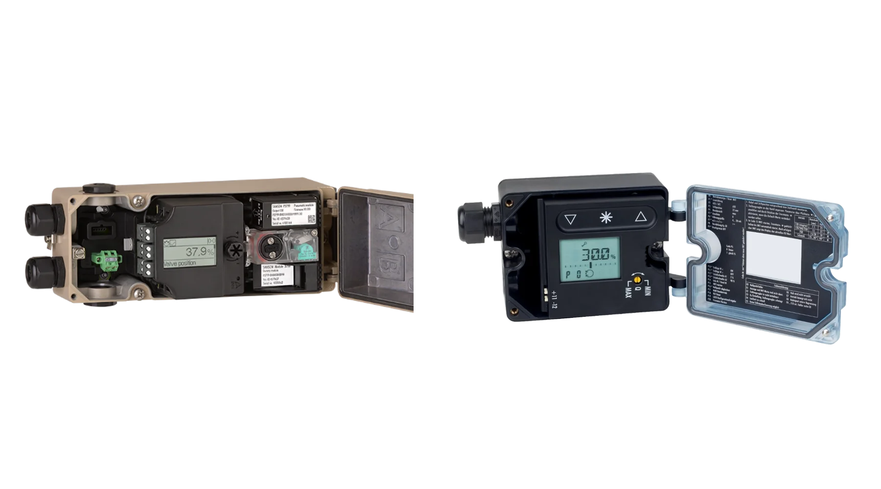 Imagens de posicionadores pneumático e eletropneumático da SAMSON, modelos 3793 e 3725, respectivamente.