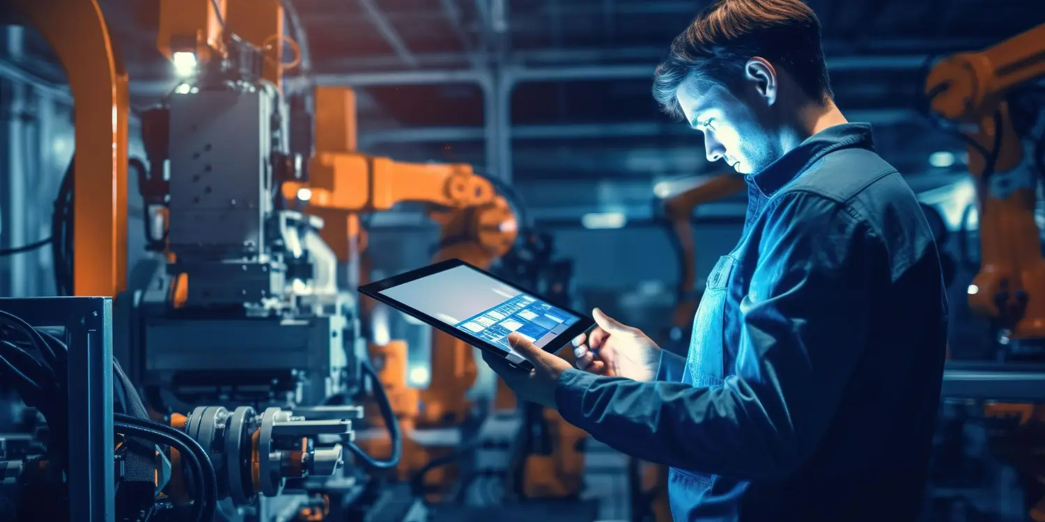Imagem de engenheiro técnico analisando dados em um tablet, simbolizando a automação de processos industriais.