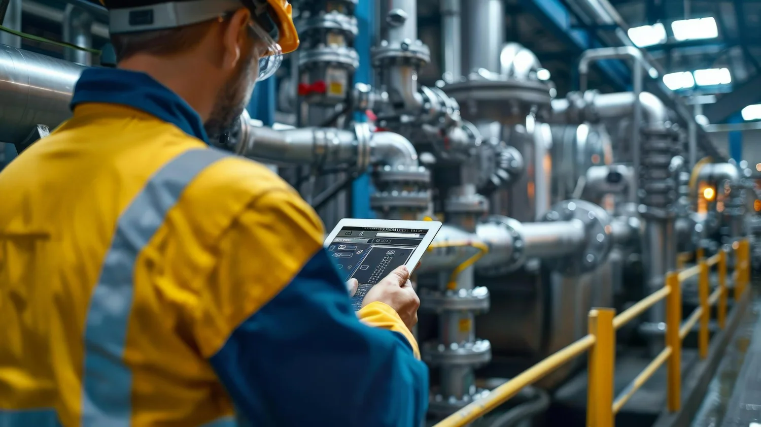 Imagem de um operador analisando dados em tablet para monitoramento de válvulas industriais com SVM.