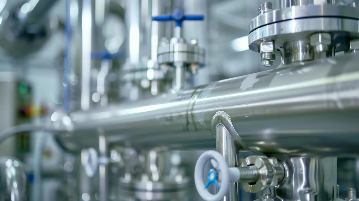 Imagem da tubulação de uma planta industrial, destacando uma válvula para produtos químicos.