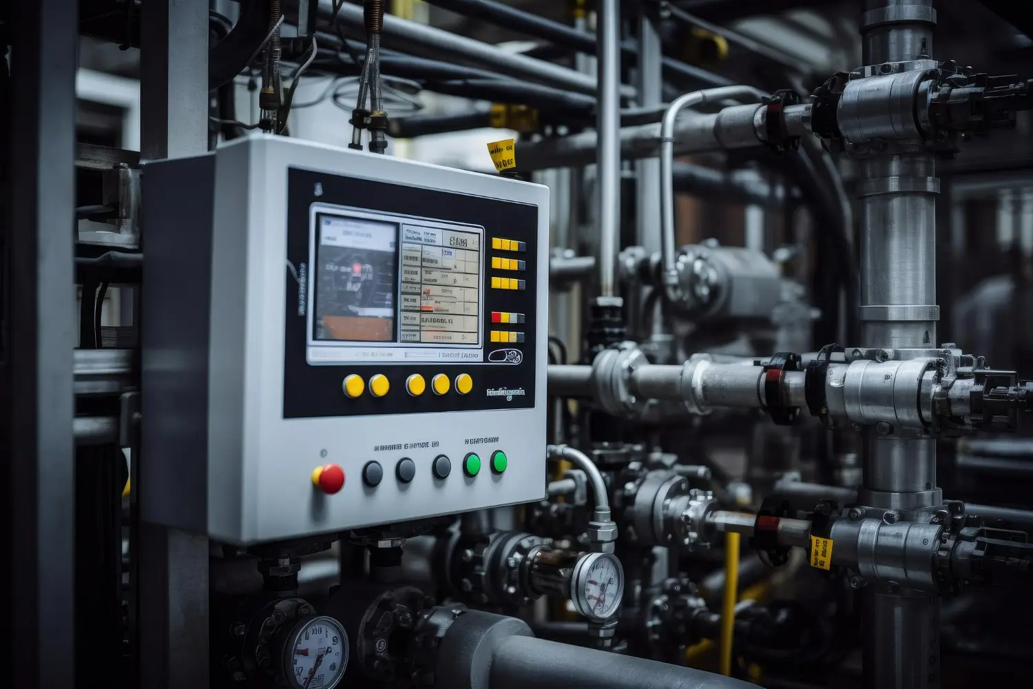 Imagem de equipamentos de medição na tubulação de uma planta, simbolizando a instrumentação industrial.