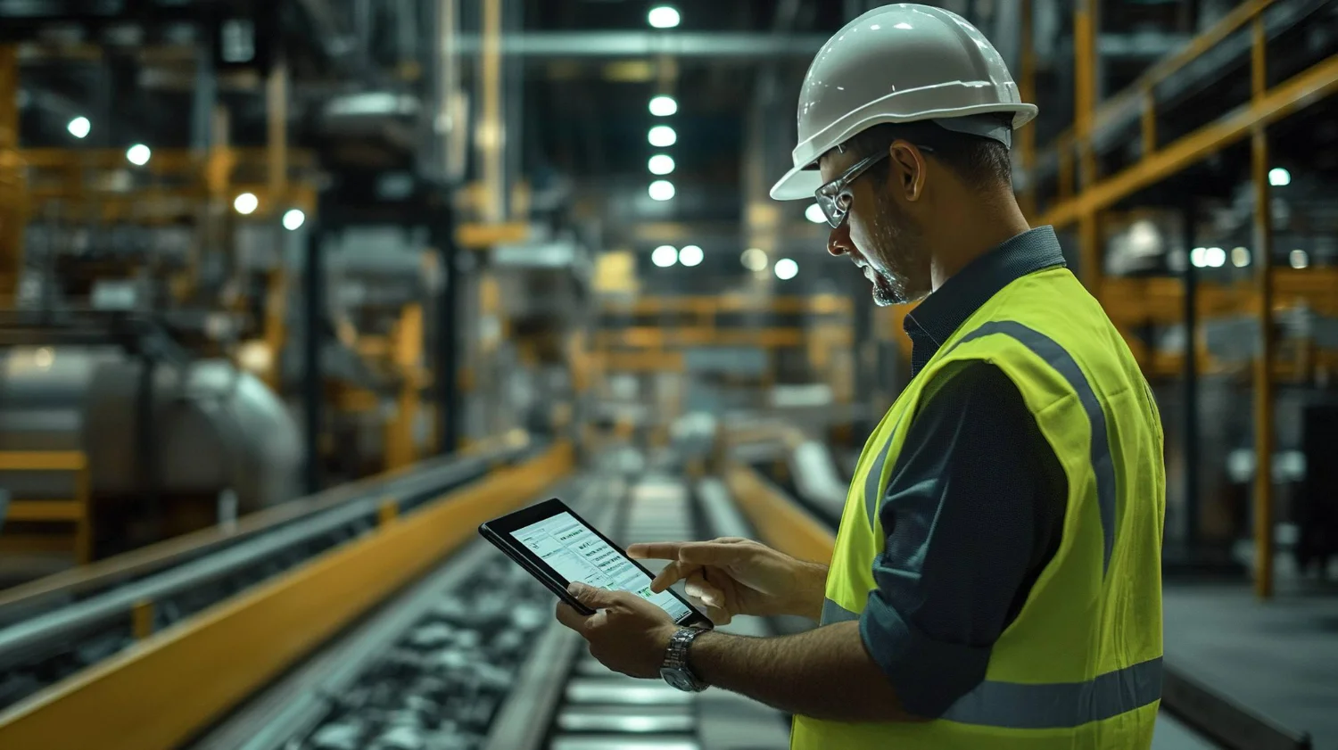 Imagem de um operador monitorando em seu tablet o controle automático de processos industriais.