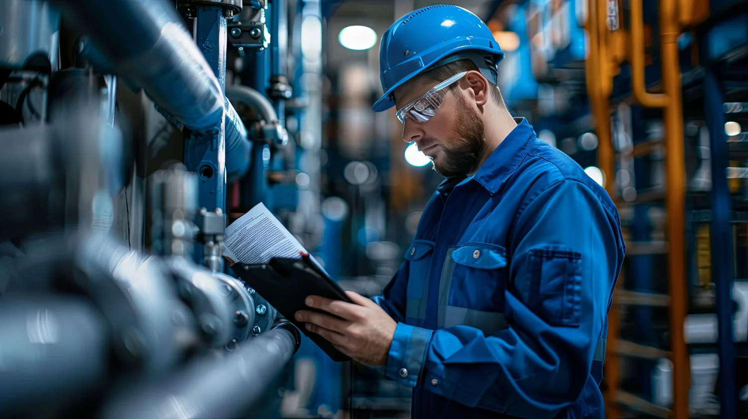 Imagem de um operador analisando dados de manutenção preventiva industrial em um sistema de válvulas.