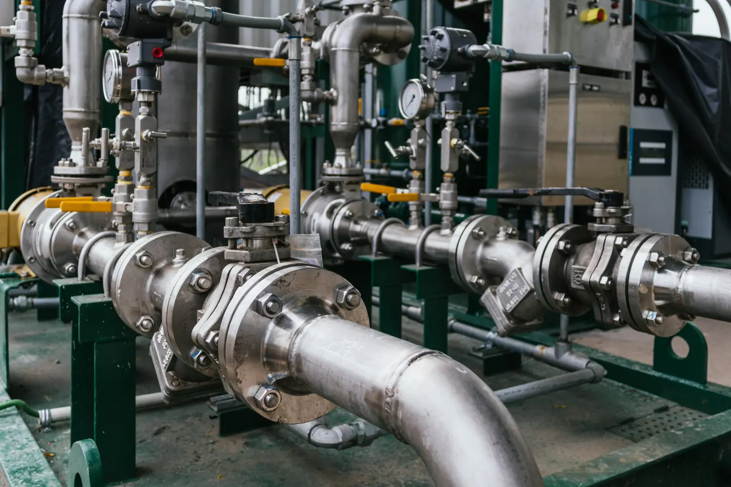 Imagem de uma tubulação industrial, simbolizando a prevenção de fluxo reverso em válvulas de controle.