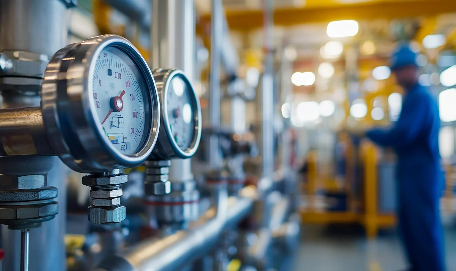 Imagem ilustrativa da aplicação de um regulador de pressão auto operado em uma planta industrial crítica com medidores de pressão.