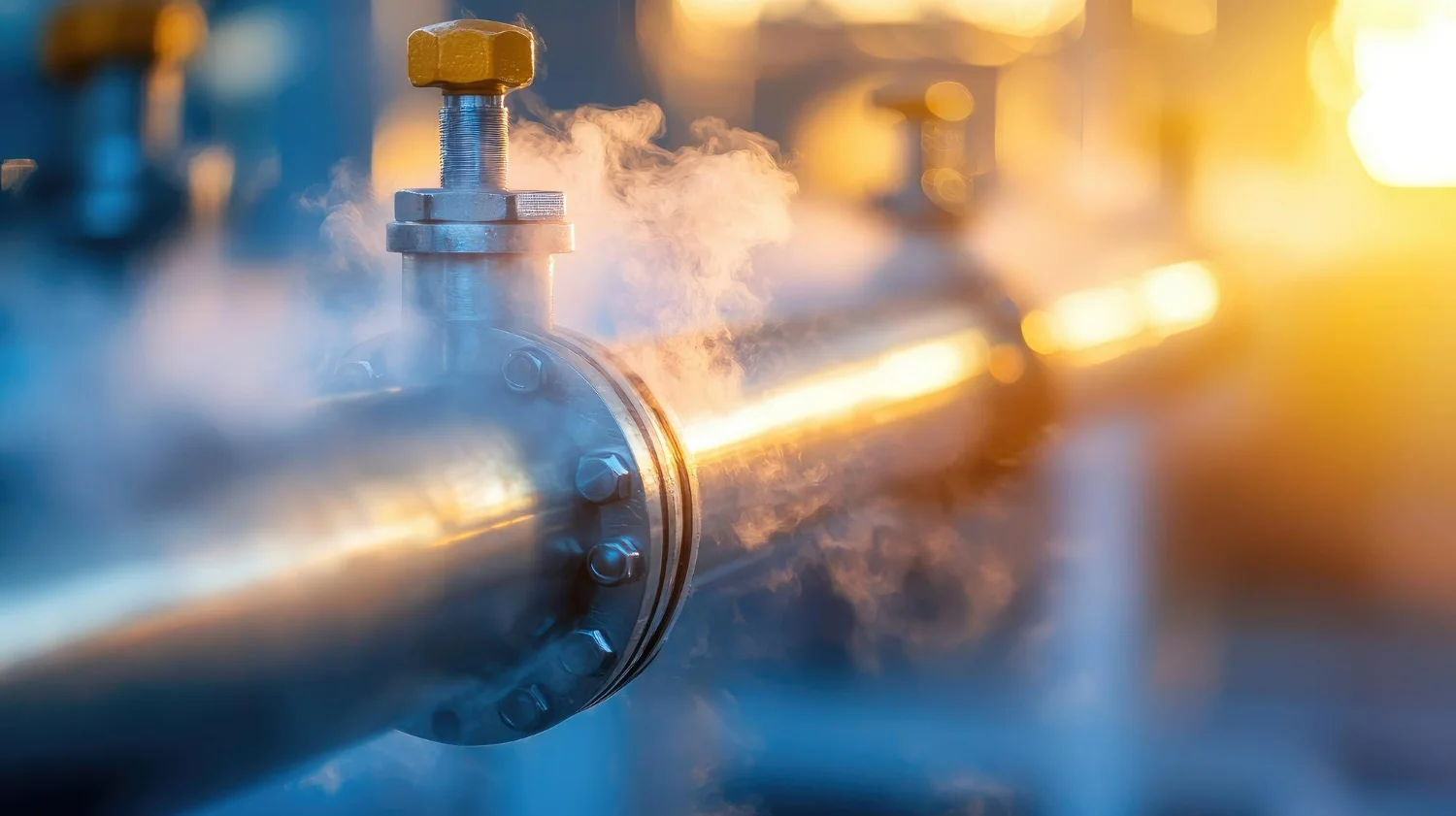 Imagem de uma tubulação industrial simbolizando o uso de válvula de controle para vapor e gases.