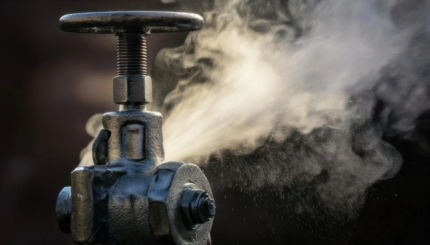 Imagem de fumaça saindo de uma válvula industrial, simbolizando a aplicação de válvulas para fluidos corrosivos