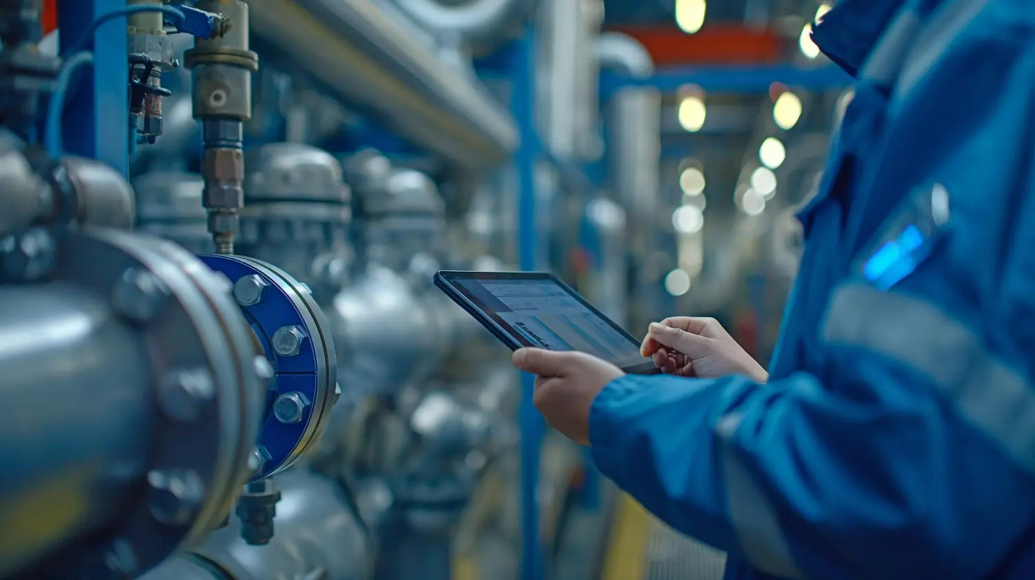 Imagem de um técnico analisando dados em um tablet, simbolizando o diagnóstico preditivo em válvulas industriais.