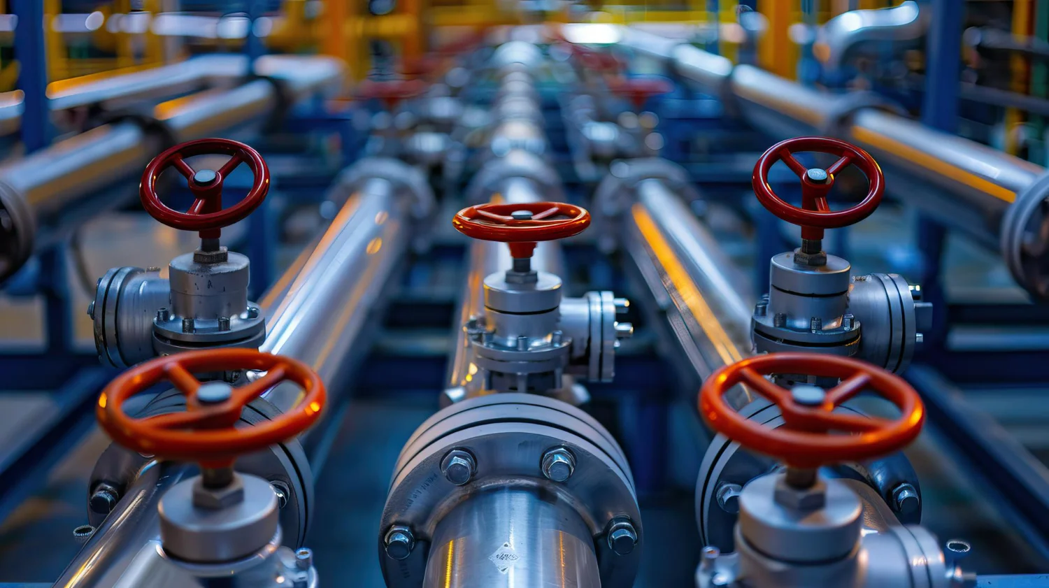 Imagem de uma operação com tubulações e diferentes tipos de válvula de controle industrial.